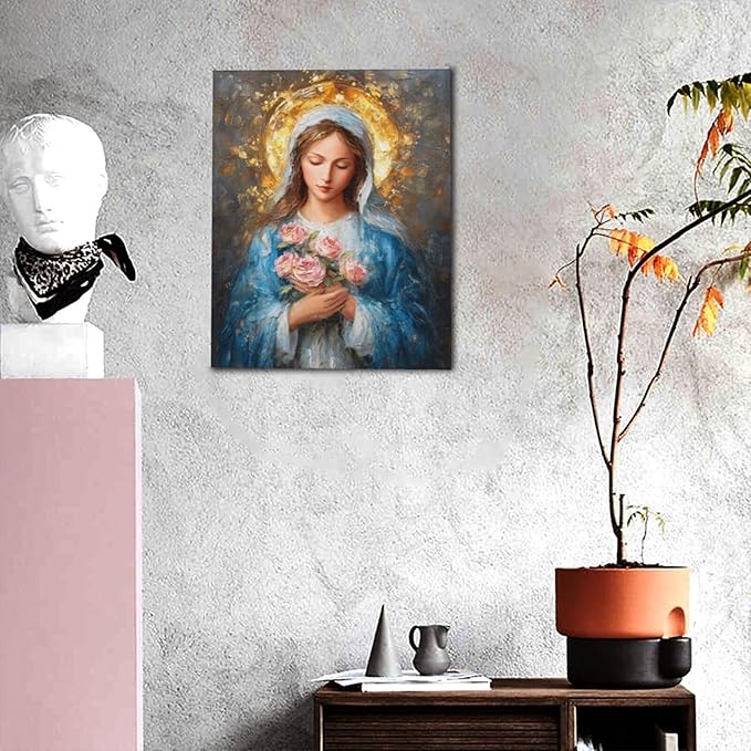 Christian Mary Wall Art Mary Mother Of God Canvas Wall Decor Catholic Blessed Mother with Roses Pictures Christ Paintings Prints Religious Bible Artwork Framed Decorations For Church Prayer Room Chapel Bathroom Bedroom Living Room Gifts 16" x 20"