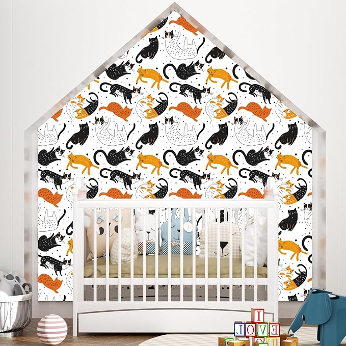 Cat Peel and Stick Wallpaper Boho Leaf Contact Paper Cute Animal Removable Self Adhesive Waterproof Wall Paper for Cabinet Drawers Wall Decor Renter Friendly 17.5''x118''