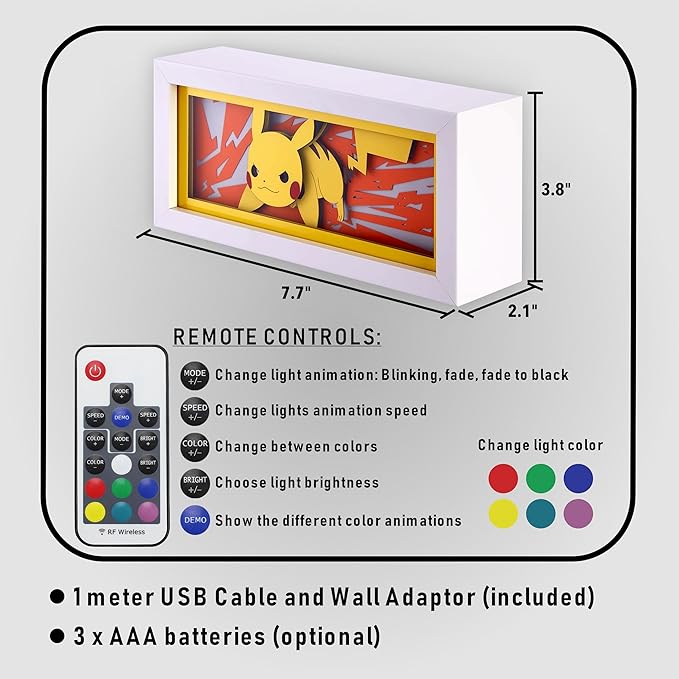 Anime LED Light Box, Manga Shadow Box Frame, Paper Cut, Table Lamp for Anime Enthusiasts, RGB Multi Color, Night Light for Room Decor, Unique Desk Decor (Pikachu)