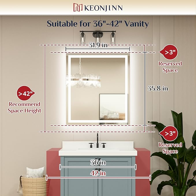 Keonjinn 32 x 36 Inch LED Bathroom Mirror with Frontlit & Backlit, Anti-Fog Mirror with Lights, Stepless Dimming, 3-Color Temperature, HD Tempered Glass Wall Mirror for Modern Bathroom