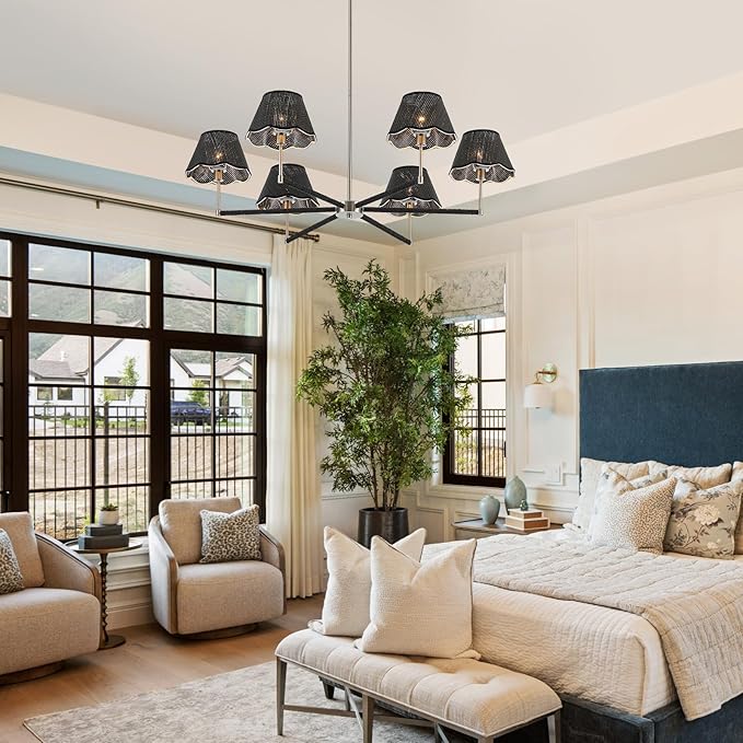 39" Boho Rattan Chandelier Large Adjustable Modern Black and Brushed Nickel Pendant Light for Kitchen Island Dining Living Room, UL Listed