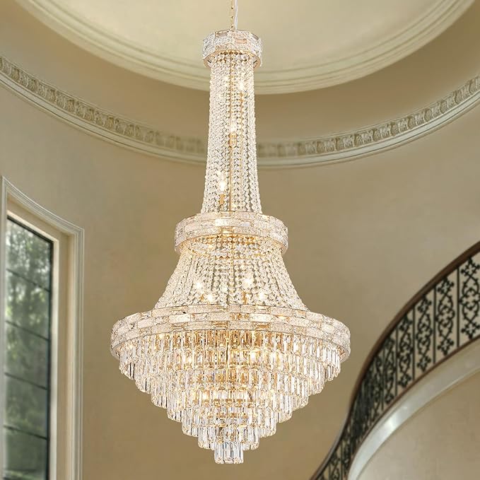 25-Light Gold Crystal Chandelier, 3-Layer High Ceiling Hanging Chandeliers Modern Large Chandeliers Light Fixture for High Ceilings,Entryway,Foyer,Staircase,Hallway,Living Room(H60 x D31)