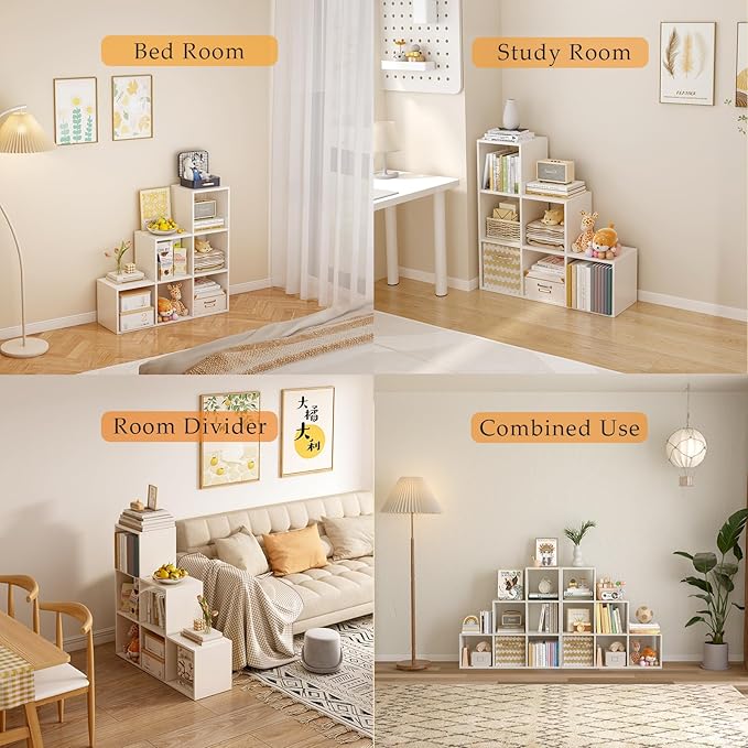 Ladder Cube Storage Bookcase - Wooden L-Shaped 3-Tier Corner Shelf, Reversible 6-Cube Organizer for Home & Office, White