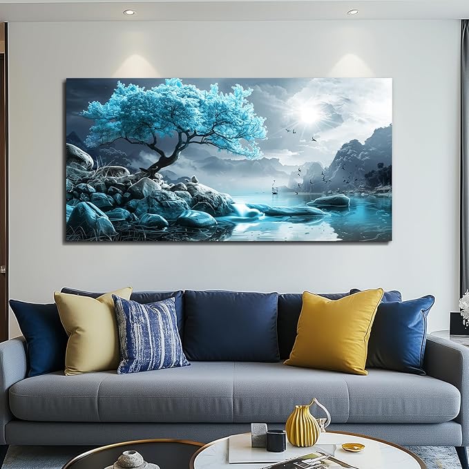 KELIYUAN Canvas Wall Art For Living Room Bedroom Wall Decor Black And White Landscape Pictures Blue Tree Wall Painting Modern Home Decoration For Room Office Works Framed Canvas Art Prints 20x40in
