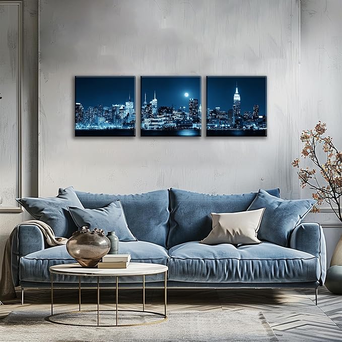 NAN Wind 3-Piece Modern Manhattan Night Skyline Canvas Art Blue Moon Urban Cityscape Wall Decor Contemporary NYC-Inspired Night View Panoramic Prints Framed City Canvas Set for Home Office Living Room