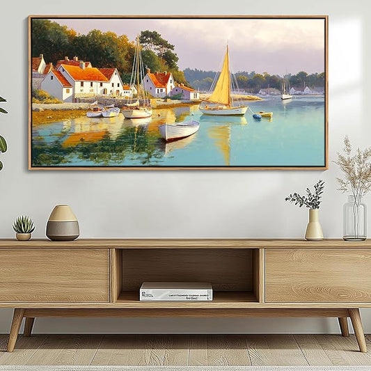 AJAZIKO Coastal Wall Art - Rustic Ocean & boat Canvas Art for Living Room & Bedroom Decor - Framed Landscape Artwork for Walls - Italian Farmhouse & Country Wall Decor Print Pictures24x48IN