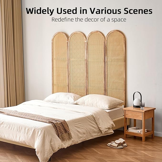 4 Panel Room Divider 5.6 Ft Hand-Woven Rattan Room Divider Screen, Foldable Wood Folding Privacy Screens with Double Hinges, Wall Divider for Room Separation Bedroom Home Office - Natural