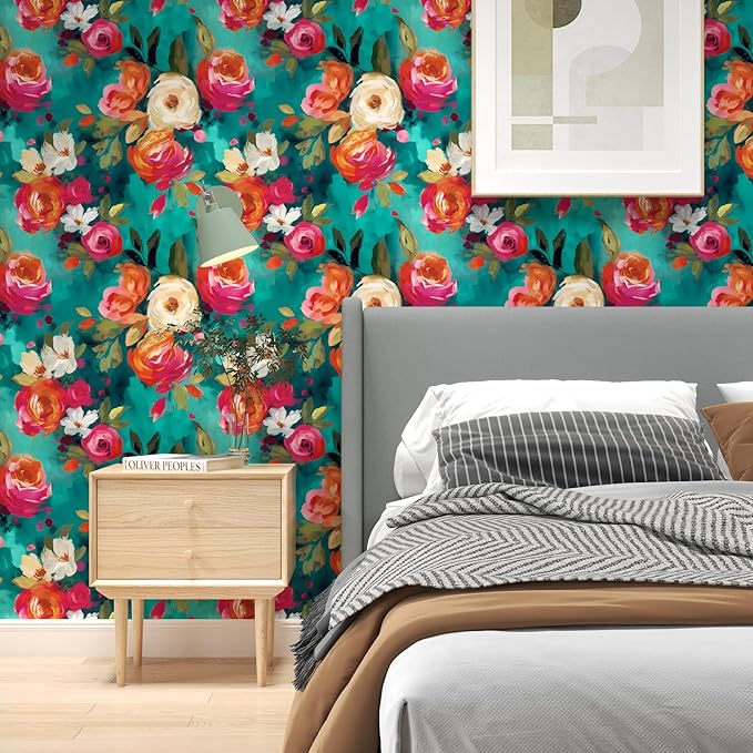 Bright Floral Wall Paper Watercolor Peel and Stick Wallpaper Oil Painting Contact Paper for Countertop Cabinet Wall Shelf Liner Removable Renter Friendly Colorful 17.5 x 196.5In