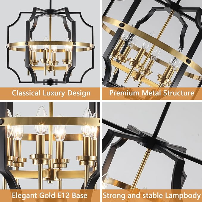 19.7'' Black and Gold Chandelier for Dining Room, 6-Light Farmhouse Industrial Chandelier Adjustable Modern Geometric Pendant Lights for Living Room Kitchen Entryway Foyer Hallway