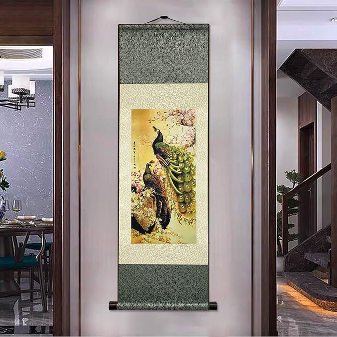 AtfArt Asian Wall Decor Beautiful Silk Scroll Painting Birds - Peacock - Cuiyu Pixia Oriental Decor Chinese Art Wall Scroll Wall Hanging Painting Scroll (36.2 x 12 in)