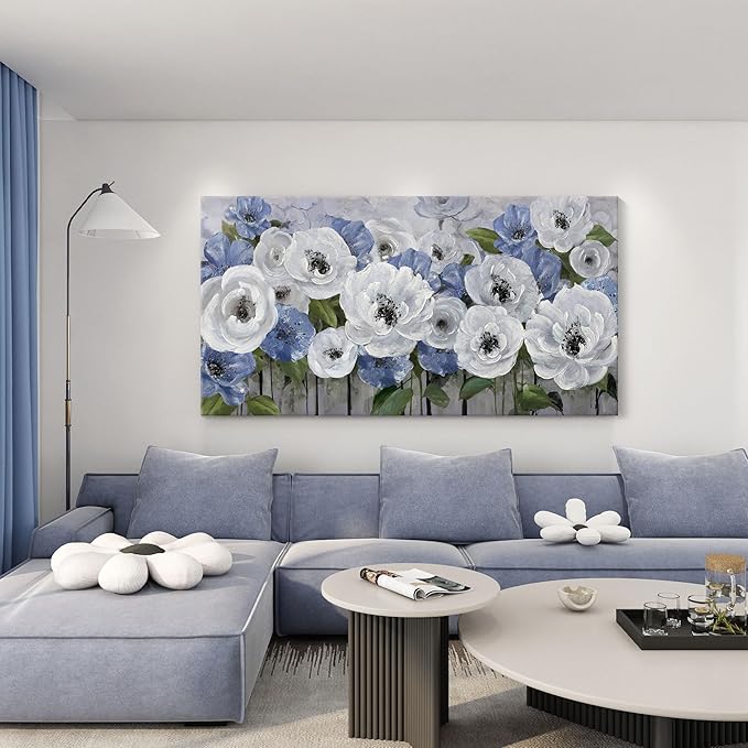 Mofutinpo Large Canvas Wall Art for Living Room, Blue and White Textured Floral Wall Art, Flower Wall Pictures and Paintings, Nature and Landscape Artwork, Bedroom Wall Decor