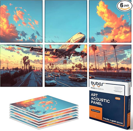 BUBOS 6 Pack Art Acoustic Panels Soundproof Wall Panel,70.8X47.2 Inches Large Absorbing Panel,Self-Adhesive Decorative Acoustical Panels, Acoustic Treatment for Home（Urban Wings）
