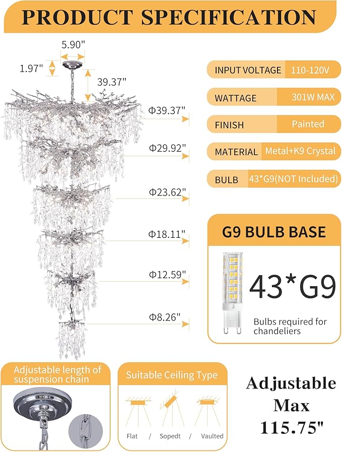 Luxury Silver 6-Tier Large Foyer Entrance Crystal Chandeliers Modern Long Staircase K9 Chandeliers for High Ceiling Big Crystal Chandelier(Height 75 Inch 43 Lights)
