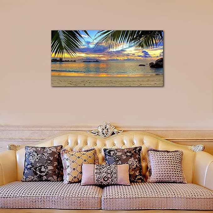 Ocean Beach Wall Art Living Room Wall Decor Large Size Tropical Palm Tree Leaves Beach Sunset Seascape Canvas Artwork Contemporary Ocean Nature Picture for Bedroom Living Room Bathroom Home Office Kitchen Wall Decor 24" x 48"