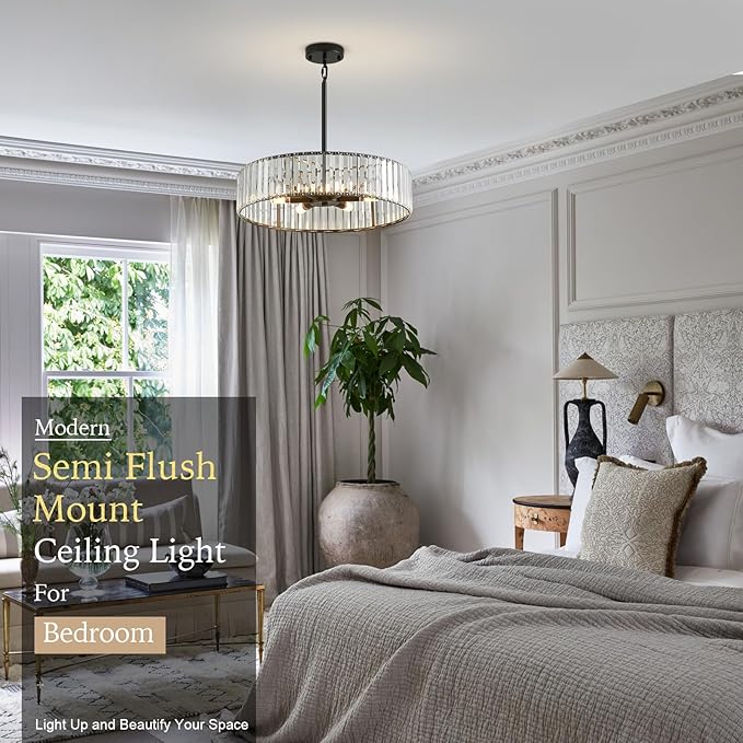 Modern Crystal Black Chandelier for Dining Room,19.7 inch Semi Flush Mount Ceiling Dining Room Light Fixture with E12 Base*6,Round Pendant Lighting for Bedroom Hallway Bathroom Foyer Kitchen