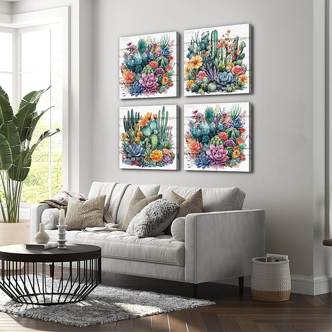 Colorful Tropical Plant Wall Art Vintage Cactus Floral Picture for Bathroom Mexican Spiny Flower Painting Canvas Prints Living Room Bedroom Boho Southwest Succulent Artwork Home Decorations 20x20" 4P