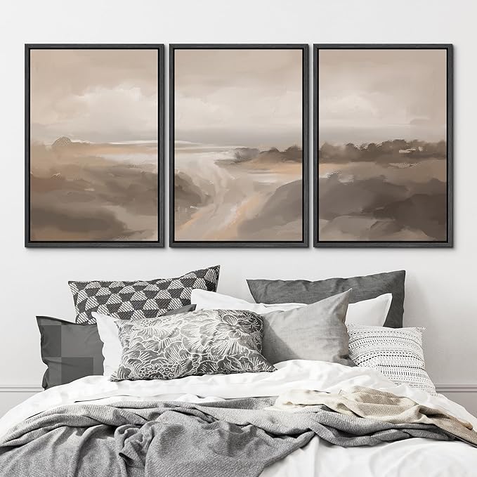 MUDECOR Framed Canvas Print Wall Art Serene Landscape Neutral Coastal Illustrations Realism Decorative for Living Room, Bedroom, Office - 16"x24"x3 Black
