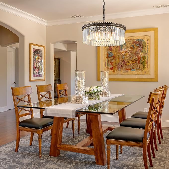 6-Light Crystal Chandelier, 21.6" Modern Farmhouse Crystal Light Fixture, Vintage Antique Bronze Round Hanging Lighting Fixture for Dining Room Foyer Living Room Entryway