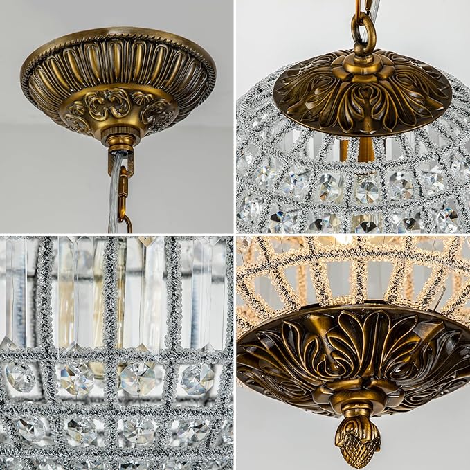 Antique Crystal Globe Chandelier, 11.8" Vintage Small Sphere Chandelier Crystal Pendant Light Fixture for Foyer Dining Room Kitchen Island Bronze