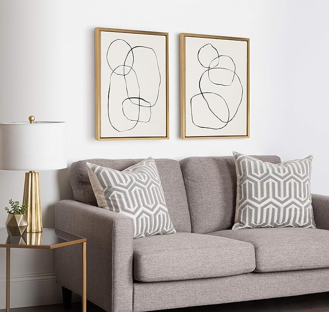 Kate and Laurel Sylvie Modern Circles and Going in Circles Framed Linen Textured Canvas Wall Art by Teju Reval, 2 Piece 18x24 Gold Abstract Wall Decor