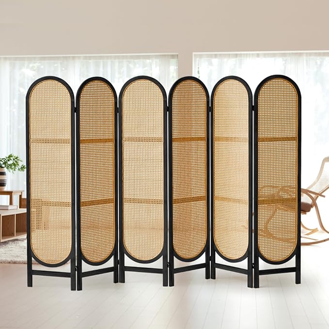 6 Panels Room Dividers and Hand-Woven Rattan Room Divider Wall, Wood Room Divider Folding Privacy Screens for Home Office Bedroom, Black