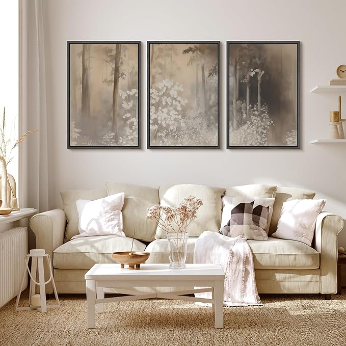 MUDECOR Framed Wall Art Print Set Neutral Forest Landscape Beige and Gray Watercolor Illustrations Realism Decorative for Living Room, Bedroom, Office - 24"x36"x3 Black