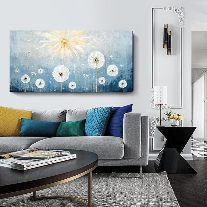 Nicetop Large Canvas Wall Art for Living Room- Floral Landscape Artwork Gallery Wrapped Nature Wildflower Dandelion Print Botanical Flower Picture Bedroom Office Decor,Blue and White, 48x24 Inch