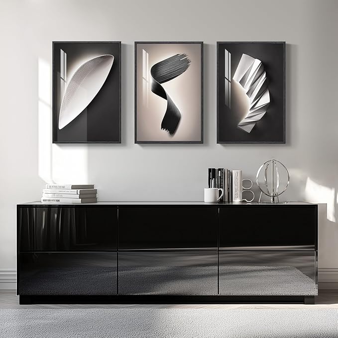3 Piece Framed Modern Wall Art Sets, Abstract Line Geometric Decor Prints, Black and White Contemporary Luxury Paintings Artwork for Bedroom, Bathroom, Living Room and Office 16x24 Inch