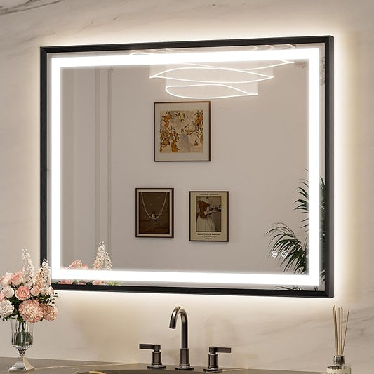 Keonjinn 40 x 32 Inch LED Mirror with Frontlit & Backlit, Black Bathroom LED Mirror, HD Tempered Glass, UL Listed LED Driver, Aluminium Alloy Beveled Frame, 3000K/4500K/6000K, Safe Defogging, Dimmable