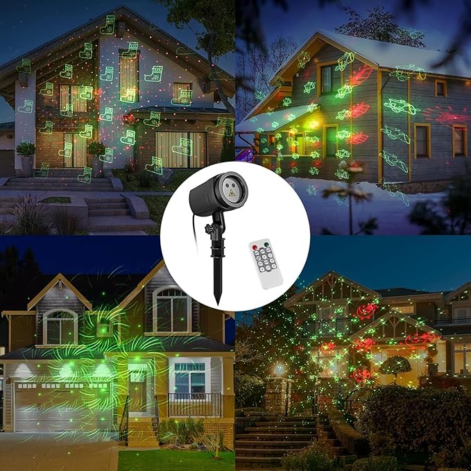 NUÜR Christmas Projector Lights Outdoor, Waterproof Christmas Light Projector with 24 Christmas Decorative Patterns, Remote Control with Timer, Holiday Projector Lights for Outdoor Garden Patio Wall