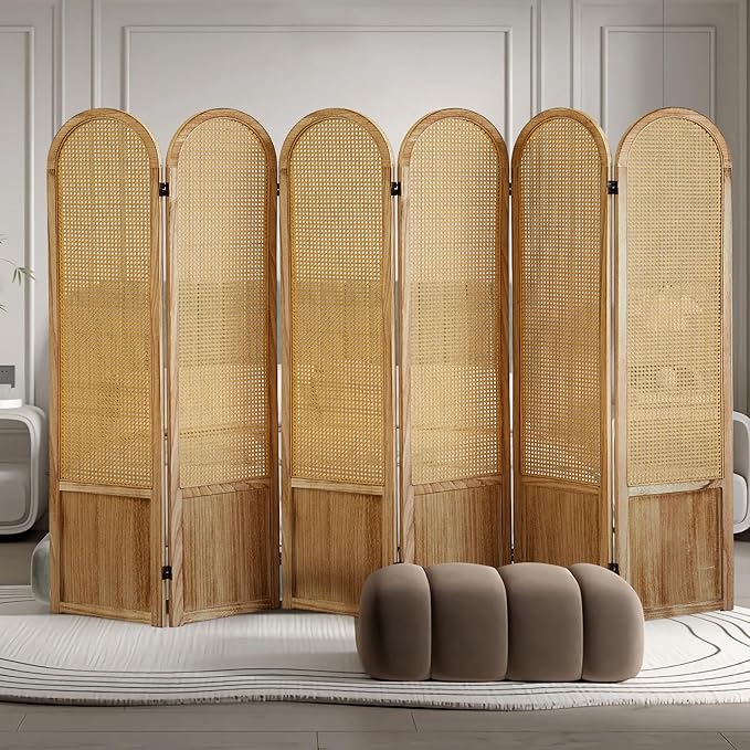 6 Panel Room Dividers and Folding Privacy Screens, Hand-Made Rattan Room Divider with Bi-Directional Hinge, Pre-Assembled Wood Room Divider Wall for Home Office Bedroom, Light Brown