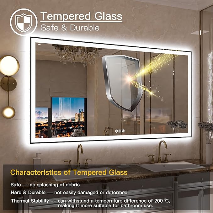 72"x40" Large LED Bathroom Mirror with Backlit and Front Lighted, Framed Dimmable Illuminated Mirror for Wall Anti-Fog Shatterproof (Horizontal/Vertical)