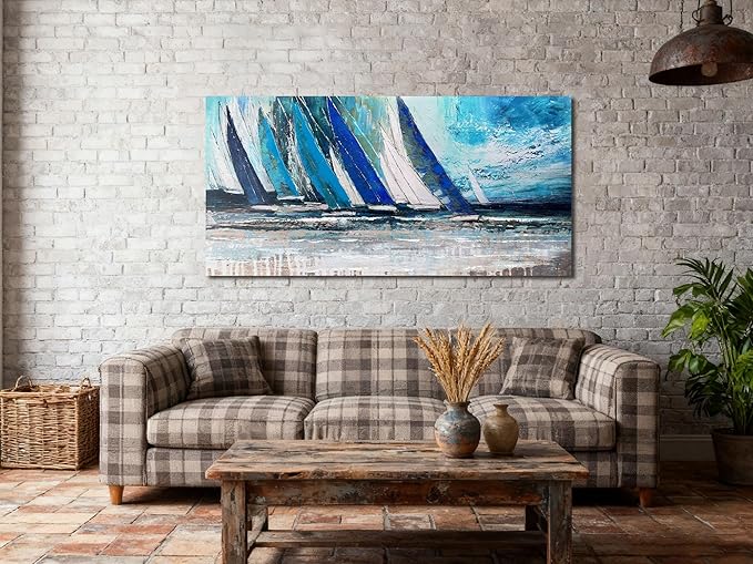 Arjun Blue Abstract Wall Art Canvas for Living Room Teal Ocean Sailboat Textured Bedroom Picture Modern Turquoise Coastal Nautical Painting Large Framed Artwork Home Office Wall Decor, 48"x24"
