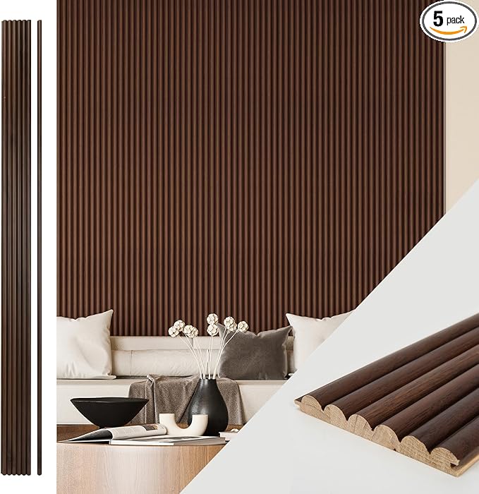 Art3d Fluted Wood Panel for Wall and Ceiling, Beaded Accent molding for Home Decoration, Pack of 4pcs + 1pc End-Trim, Size 108 x 5.7in.- Beaded Walnut