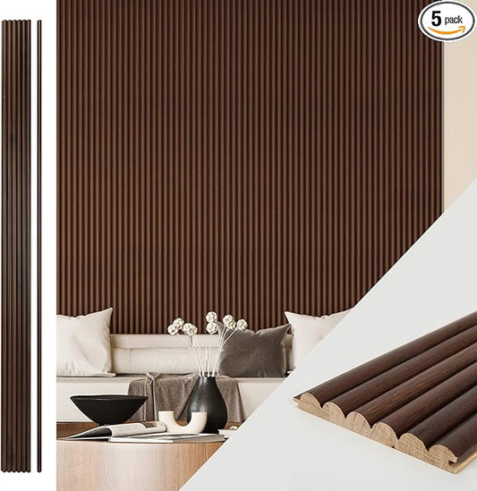 Art3d Fluted Wood Panel for Wall and Ceiling, Beaded Accent molding for Home Decoration, Pack of 4pcs + 1pc End-Trim, Size 108 x 5.7in.- Beaded Walnut