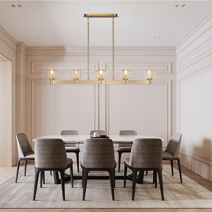 Modern Crystal Chandelier, 54" Large Gold Rectangle Chandeliers for Dining Room, 5-Light Kitchen Island Lighting, Light Fixtures Over Table,Pendant Lighting Fixture for Dining Room Bedroom