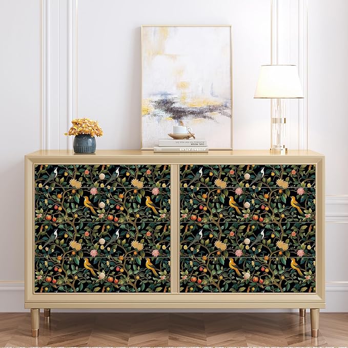 Colorful Floral Animal Wallpaper Self Adhesive Peel and Stick Black Watercolor Vivid Botanical Bird Fruit Leaf Contact Paper Removable Waterproof for Bedroom Renter Friendly 17.71"x236.2"