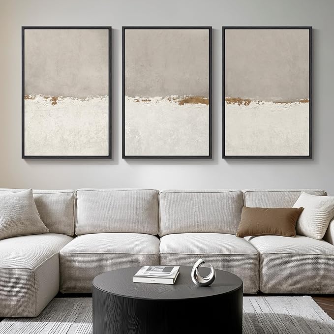 Large Framed Beige Neutral Abstract Wall Art for Living Room, 3 Piece Modern Canvas Prints Paintings Artwork for Walls, Minimalist Abstract Horizon Pictures for Hallway, Office Wall Decor 24x36 In