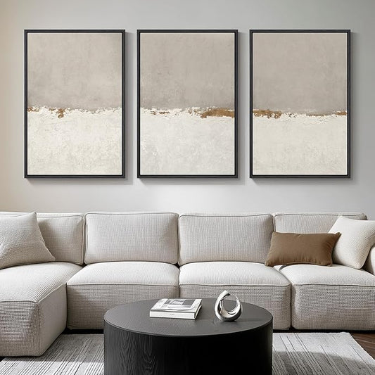 Large Framed Beige Neutral Abstract Wall Art for Living Room, 3 Piece Modern Canvas Prints Paintings Artwork for Walls, Minimalist Abstract Horizon Pictures for Hallway, Office Wall Decor 24x36 In