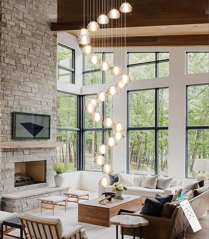 25-Lights Modern Chandeliers for High Ceiling Large Crystal Chandeliers LED Long Handing Light Fixture for Hallway Foyer Staircase 3000K