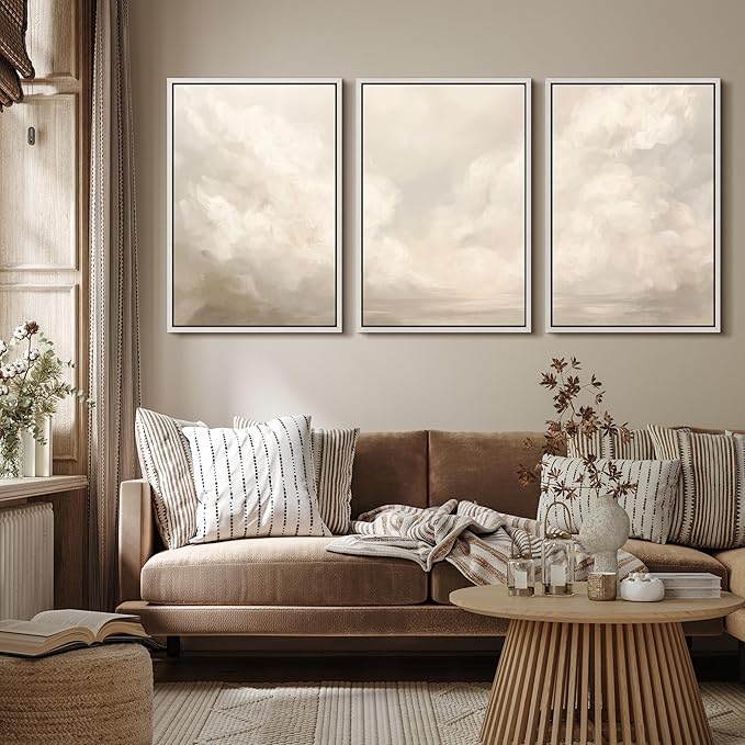MUDECOR Framed Wall Art Print Set Neutral Cloudscape Soft Beige Abstract Sky Illustrations Modern Art Boho Decorative Colorful Chic for Living Room, Bedroom, Office - 24"x36"x3 White