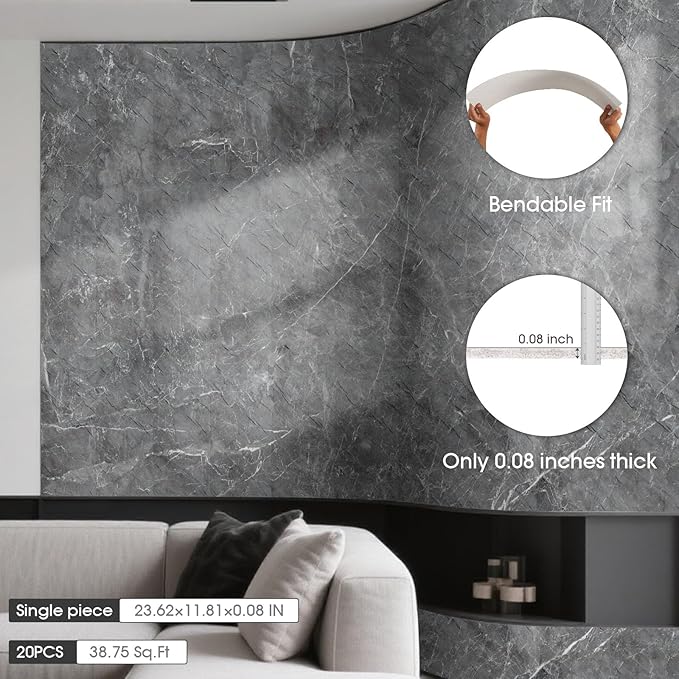 Natural Flexible Soft Stone Wall Panel, 20-Pack, 37.75 Sq Ft Coverage, Flexible & Bendable Exterior Wall Panels - Textured Stone Siding for Interior & Outdoor Use - Black