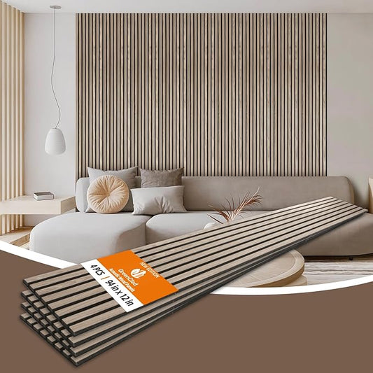 Acoustic Wood Slat Wall Panels - Walnut Soundproof Paneling for Interior Wall Decor, Modern Design, 94" x 12", 4-Pack