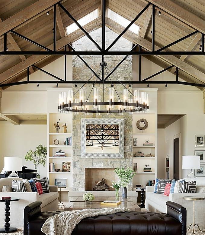 60 Inch Black Round Chandelier, Wagon Wheel Chandelier with Glass Shade, 20-Lights Large Modern Farmhouse High Ceilings Pendant Lighting Fixture for Dining Room, Living Room, Kitchen, Foyer