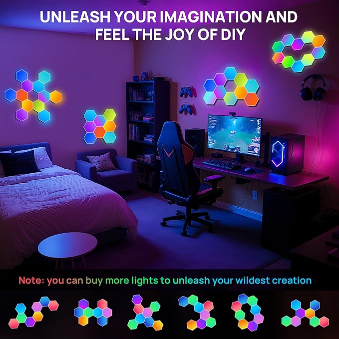 KORORO Hexagon LED Lights - 8 Pack Smart APP RGB Gaming Light with Remote Control & Music Sync Honeycomb Shape Hex Lights for Bedroom, Living Room Wall, Gaming Decor