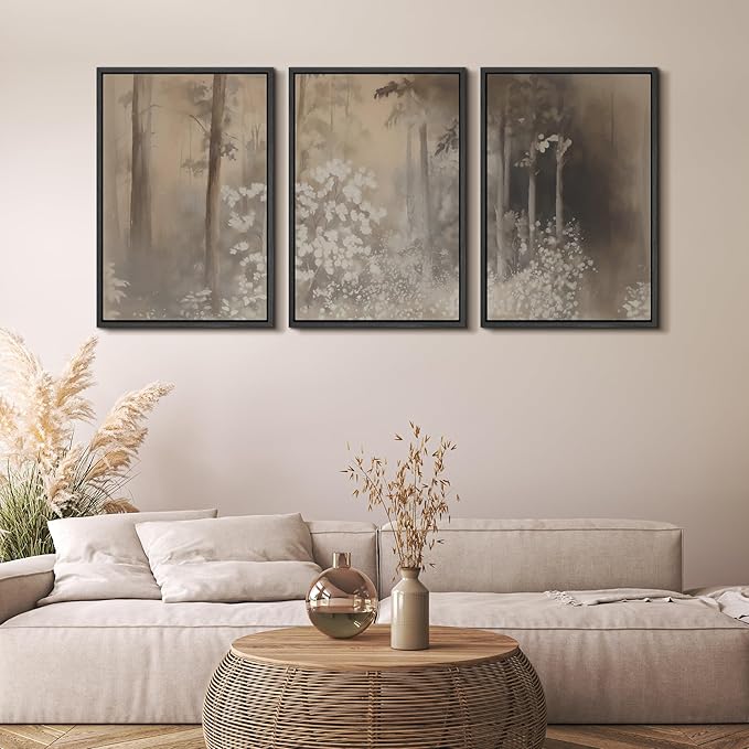 MUDECOR Framed Wall Art Print Set Neutral Forest Landscape Beige and Gray Watercolor Illustrations Realism Decorative for Living Room, Bedroom, Office - 24"x36"x3 Black