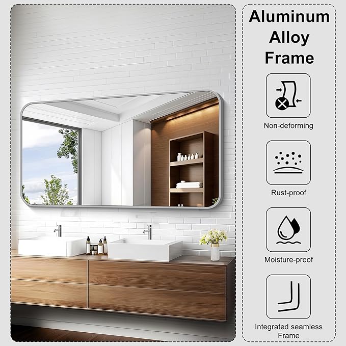 KOCUUY Silver Bathroom Mirror, 30x55 Inch Bathroom Mirror for Over Sink, HD Tempered Glass, Anti-Rust Brushed Silver Frame, Rounded Corner Modern Design for Bathroom, Hang Horizontal/Vertical