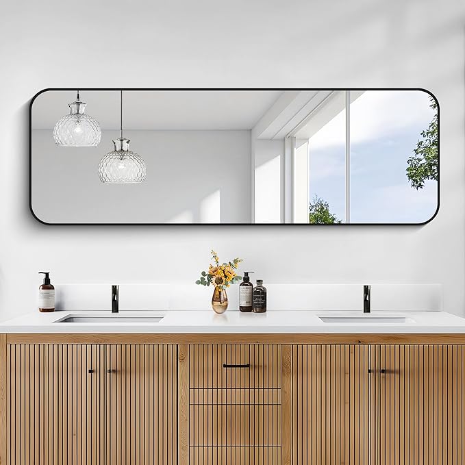 KOCUUY Black Bathroom Mirror 60"x20", Large Vanity Mirror with Rounded Corner, Metal Black Frame with Mordern Design for Bathroom, Living Room, Entryway, Hang Horizontal/Vertical