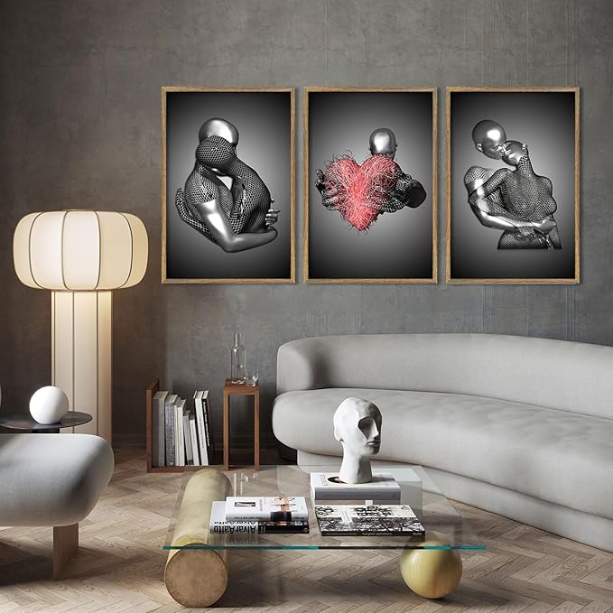 3Pcs Wood Framed 3D Couple Wall Art Poster Modern Decoration Prints Love Images Reusable Gallery Artwork Black and White Metal Style Romantic Hanging Painting Suitable 12x16 inch