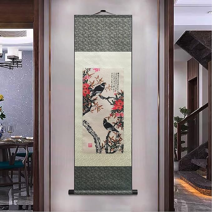 AtfArt Asian Wall Decor - Beautiful Silk Scroll Painting 4 Color Flower bird - Starling Thrush Magpie Parrot Oriental Decor Chinese Art Wall Scroll Hanging Painting 36.2 x 12in (4 Piece)